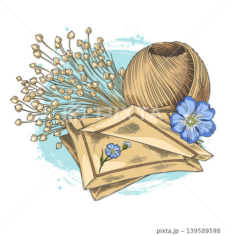A hand-drawn watercolor sketch of flax seeds, a ball of thread, a textile napkin, and a flower. 139589598