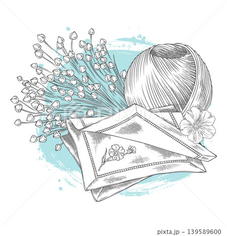 A monochrome sketch of flax seed branches, a ball of thread, and a textile napkin. A monochrome sketch of flax seed branches, a ball of thread, and a textile napkin. 139589600