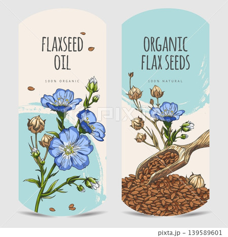 Flax seeds oil hand drawn vector label design, flax flowers with seeds in wooden scoop sketch, Linen organic superfood 139589601