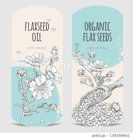 Flax seeds oil engraved hand drawn vector design, flax flowers with seeds in wooden scoop sketch, organic superfood 139589602