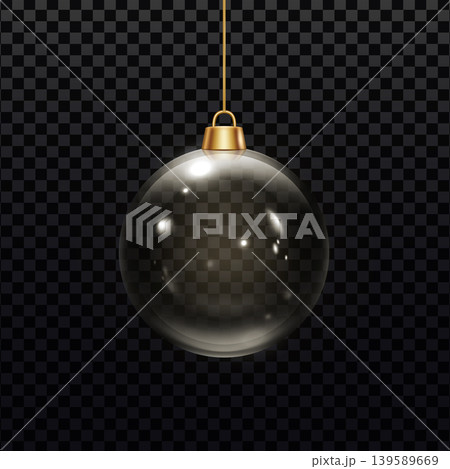 Christmas ball hanging on gold ribbon, vector realistic transparent 3D glass ball with glares, volume crystal decoration Christmas ball hanging on gold ribbon, vector realistic transparent 3D glass ball with glares, volume crystal decoration 139589669