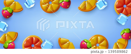 Summer background with 3d orange slices, strawberry and ice cubes frame with copy space 139589862
