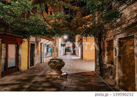 Empty Venice street at night with soft lights and historic architecture 139590252