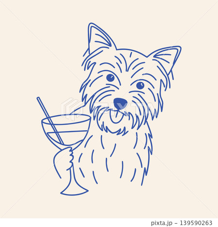 Terrier Dog Holding Cocktail Glass. Hand drawn blue sketch illustration. 139590263