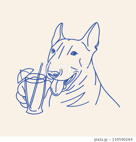 Bull Terrier Dog with Cocktail. Hand drawn blue sketch illustration. 139590264