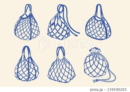 Reusable Mesh Shopping Bags or Tote Bags collection. Set of hand drawn string bags. Illustration. Reusable Mesh Shopping Bags or Tote Bags collection. Set of hand drawn string bags. Illustration. 139590265