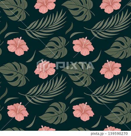 Jungle tropical pattern with exotic flowers green monstera banana palm leaves on a dark background. Textile, wallpaper, packaging, print. Jungle tropical pattern with exotic flowers green monstera banana palm leaves on a dark background. Textile, wallpaper, packaging, print. 139590270