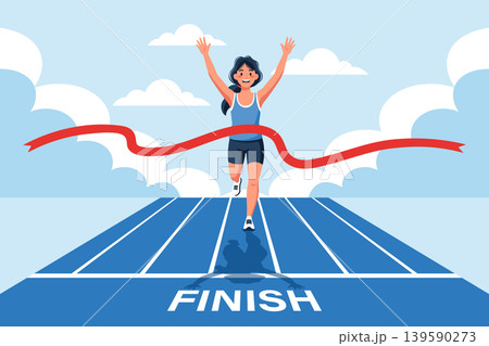 Woman Crossing Finish Line with Arms Raised in Victory. Sport illustration. 139590273