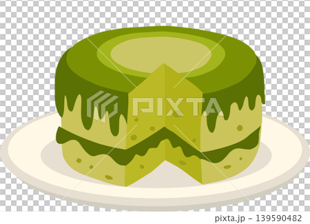 sliced matcha cake on plate. green tea cake sliced matcha cake on plate. green tea cake 139590482