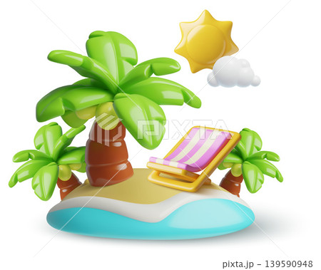 Tropical beach, sea and sun lounger cute summer vacation scene 3d icon Tropical beach, sea and sun lounger cute summer vacation scene 3d icon 139590948