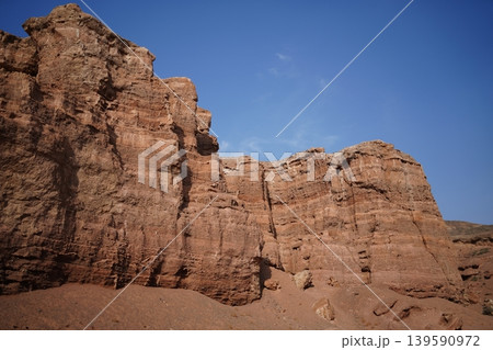 Charyn Canyon in Kazakhstan with Rocky Landscape and Clear Sky 139590972