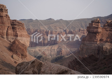 Charyn Canyon in Kazakhstan with Rocky Landscape and Clear Sky Charyn Canyon in Kazakhstan with Rocky Landscape and Clear Sky 139590974