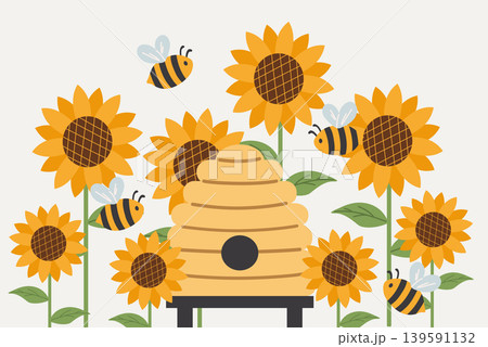 Illustration of a beehive surrounded by blooming sunflowers and cute flying bees. Minimalist apiary and honey production concept for organic products and nature design. Illustration of a beehive surrounded by blooming sunflowers and cute flying bees. Minimalist apiary and honey production concept for organic products and nature design. 139591132