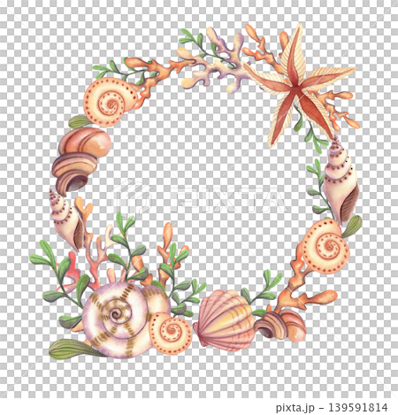 Seashells with a starfish and coral, isolated watercolor frame. Vibrant marine-themed wreath featuring hand drawn underwater animals and plants in beige colors for design, cards, and prints. Seashells with a starfish and coral, isolated watercolor frame. Vibrant marine-themed wreath featuring hand drawn underwater animals and plants in beige colors for design, cards, and prints. 139591814