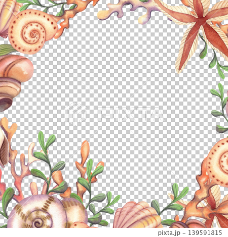 Seashells with a starfish and coral, watercolor square frame. Vibrant marine-themed composition featuring hand drawn underwater animals and plants in beige tones for design, cards, and prints. Seashells with a starfish and coral, watercolor square frame. Vibrant marine-themed composition featuring hand drawn underwater animals and plants in beige tones for design, cards, and prints. 139591815