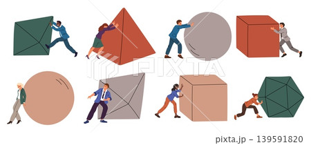 Businesspeople moving geometric shapes. Office workers pushing multicolored shapes. Winning strategy. Drive for success. People hardworking. Overcome challenge. Employees vector set 139591820