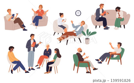 Cartoon characters at psychologists office. Psychoanalysis patients during group therapy. People talk to specialist about their problems. Individual counseling. Psychological vector set Cartoon characters at psychologists office. Psychoanalysis patients during group therapy. People talk to specialist about their problems. Individual counseling. Psychological vector set 139591826