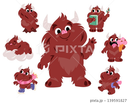 Cartoon characters featuring Bigfoot. Happy fluffy yeti eating ice cream. Fantasy sasquatches eating ice cream and walking to school. Furry mythical creature in various poses vector set 139591827