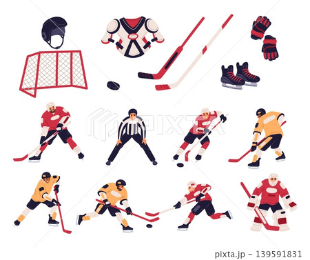 Cartoon style ice hockey players. Sport equipment. Accessories and uniforms for team games. Sticks and pucks. Goalkeeper gates. Skates and goals. Vector athletic isolated elements set Cartoon style ice hockey players. Sport equipment. Accessories and uniforms for team games. Sticks and pucks. Goalkeeper gates. Skates and goals. Vector athletic isolated elements set 139591831