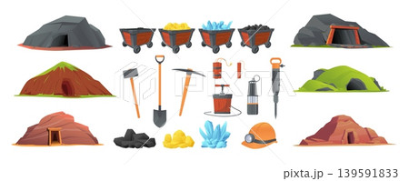 Cartoon style mining tools and wooden carts. Various miners equipment. Natural resources. Explosives with detonator. Tunnel entrance. Gold and coal in trolleys. Vector mine stuff vector set Cartoon style mining tools and wooden carts. Various miners equipment. Natural resources. Explosives with detonator. Tunnel entrance. Gold and coal in trolleys. Vector mine stuff vector set 139591833