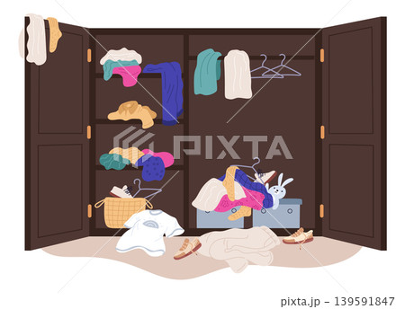 Messy clothes in wardrobe. Chaos in cabinet for clothing. Room disorder. Opened wooden closet. Garments storage. Cupboard clutter. Untidy wrinkled shirts on racks. Garish vector concept Messy clothes in wardrobe. Chaos in cabinet for clothing. Room disorder. Opened wooden closet. Garments storage. Cupboard clutter. Untidy wrinkled shirts on racks. Garish vector concept 139591847