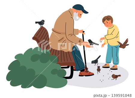 People feed birds. Happy grandparent and kid pour grains to pigeons. Elderly man sitting on bench. Family give crumbs to doves. Grandpa with child feeding sparrows. Garish vector concept People feed birds. Happy grandparent and kid pour grains to pigeons. Elderly man sitting on bench. Family give crumbs to doves. Grandpa with child feeding sparrows. Garish vector concept 139591848