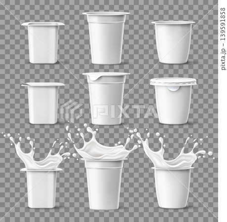 Realistic yogurt packaging. Liquid splash. Open and closed plastic containers. Fermented milk products. Cream jar various shapes. Dessert pot side view. Vector isolated packages set Realistic yogurt packaging. Liquid splash. Open and closed plastic containers. Fermented milk products. Cream jar various shapes. Dessert pot side view. Vector isolated packages set 139591858