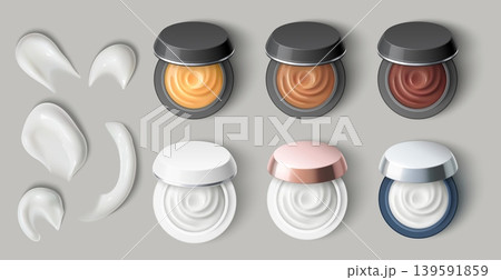 Realistic, partially open jars of cosmetics. Round containers of facial skin care cream. Moisturizer smears. Foundation and concealer. Plastic pot mockup with lid. Vector packages set 139591859
