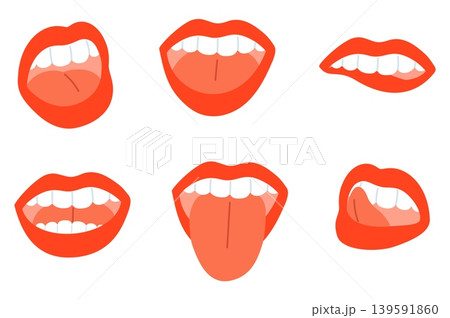 Red female lips with teeth and tongue. Woman sticking out tongue and biting plump sexy lip. Smiling and open mouth. Girl smile beauty. Emotion expression. Facial grimaces vector set Red female lips with teeth and tongue. Woman sticking out tongue and biting plump sexy lip. Smiling and open mouth. Girl smile beauty. Emotion expression. Facial grimaces vector set 139591860
