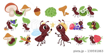Scenes from life of ants. Cartoon insects go about daily business. Arthropods carrying caterpillars, food and fruit back to anthill. Bugs working or resting. Vector pismire characters set Scenes from life of ants. Cartoon insects go about daily business. Arthropods carrying caterpillars, food and fruit back to anthill. Bugs working or resting. Vector pismire characters set 139591863