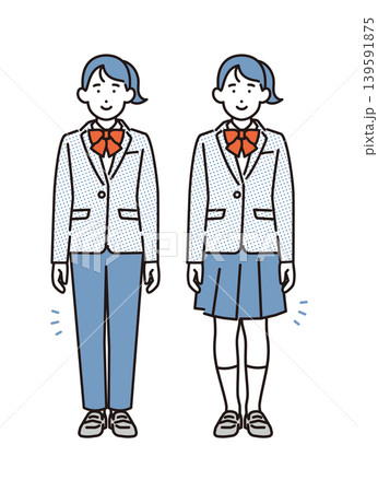 シンプル　イラスト　スラックスとスカートの制服を着た女子学生の全身イメージ ベクターイラスト 139591875
