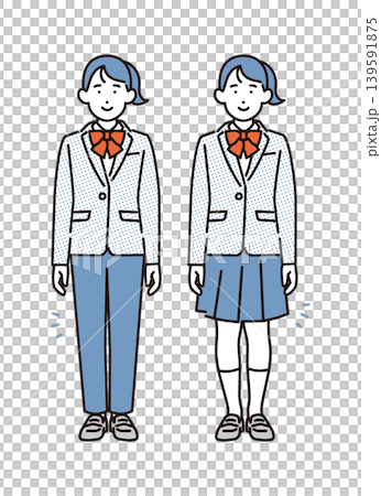 シンプル　イラスト　スラックスとスカートの制服を着た女子学生の全身イメージ ベクターイラスト 139591875