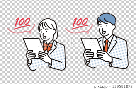 シンプル　イラスト　テストで良い点数を取って喜ぶ学生のイメージ ベクターイラスト 139591878