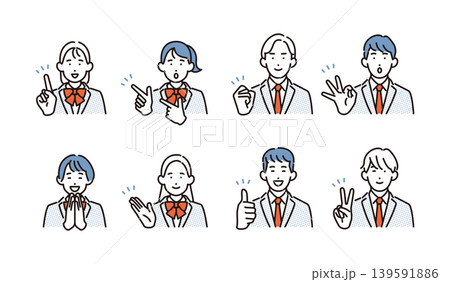 シンプル　イラスト　制服を着た学生のジェスチャーアイコンセット ベクターイラスト 139591886