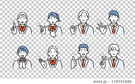 シンプル　イラスト　制服を着た学生のジェスチャーアイコンセット ベクターイラスト 139591886