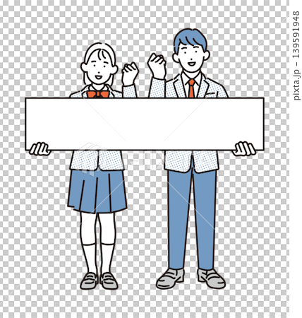 Simple illustration: Full-body image of a student holding a board with a victory pose (vector illustration) Simple illustration: Full-body image of a student holding a board with a victory pose (vector illustration) 139591948