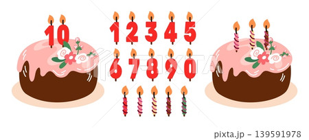 Sweet cake for celebrating birthday. Candles in shape of numbers. Kids anniversary celebration. Delicious pie with chocolate glaze. Vector holiday party dessert candlesticks isolated set Sweet cake for celebrating birthday. Candles in shape of numbers. Kids anniversary celebration. Delicious pie with chocolate glaze. Vector holiday party dessert candlesticks isolated set 139591978