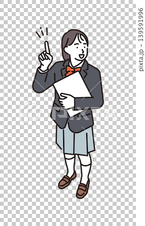 簡圖：一位女學生正在講解某個觀點的全身像。向量圖。 139591996