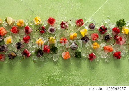 Green background with ice cubes with frozen berries and fruits and mint Green background with ice cubes with frozen berries and fruits and mint 139592087