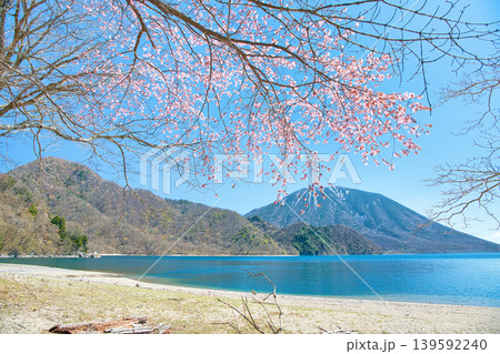 栃木県日光市 千手ヶ浜から見る満開の山桜と男体山と中禅寺湖 栃木県日光市 千手ヶ浜から見る満開の山桜と男体山と中禅寺湖 139592240