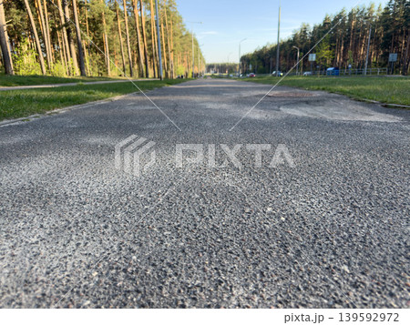 A gentle paved section of road through a pine forest, with a view of an empty street with green trees and a blue sky A gentle paved section of road through a pine forest, with a view of an empty street with green trees and a blue sky 139592972