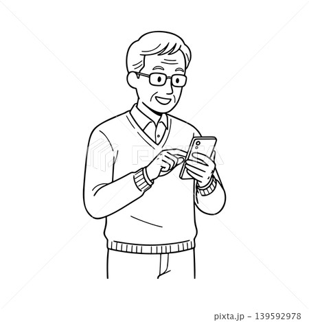 スマートフォンを操作するシニア男性の線画イラスト スマートフォンを操作するシニア男性の線画イラスト 139592978