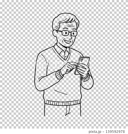 スマートフォンを操作するシニア男性の線画イラスト スマートフォンを操作するシニア男性の線画イラスト 139592978