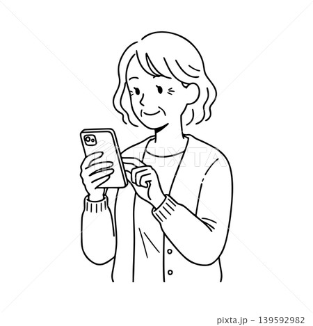 スマートフォンを操作するシニア女性の線画イラスト スマートフォンを操作するシニア女性の線画イラスト 139592982