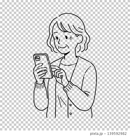一幅老年女性使用智慧型手機的線條畫插圖 一幅老年女性使用智慧型手機的線條畫插圖 139592982