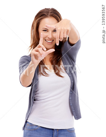 Portrait, woman and finger frame in studio to review profile picture, creativity and composition on white background. Happy model planning perspective with hands for photography of perfect selfie Portrait, woman and finger frame in studio to review profile picture, creativity and composition on white background. Happy model planning perspective with hands for photography of perfect selfie 139593567