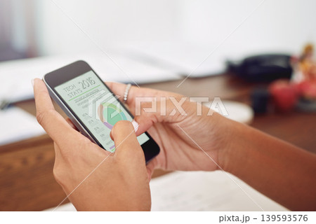 Phone, hands or designer with chart for data analytics, technology or graphs info on website. Reading analysis, target audience or worker working stats update on mobile app screen with SEO research 139593576