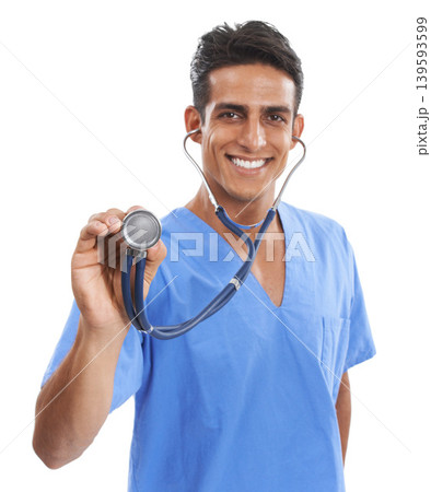 Doctor, stethoscope and man portrait in studio, healthcare and evaluation or cardiovascular examination. Male person, medical professional and listening to heartbeat, equipment and white background Doctor, stethoscope and man portrait in studio, healthcare and evaluation or cardiovascular examination. Male person, medical professional and listening to heartbeat, equipment and white background 139593599