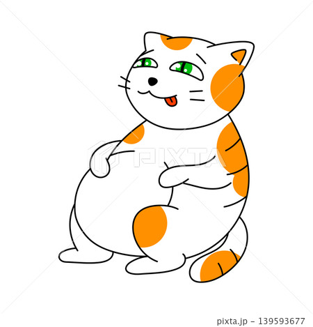 Fat cat ate too much. Cartoon illustration of cute kitten pet. 139593677