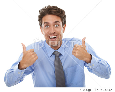 Happy businessman, portrait and thumbs up for winning, good job or thank you against a white studio background. Face of excited male person smile with like emoji, yes sign or OK in business promotion Happy businessman, portrait and thumbs up for winning, good job or thank you against a white studio background. Face of excited male person smile with like emoji, yes sign or OK in business promotion 139593832